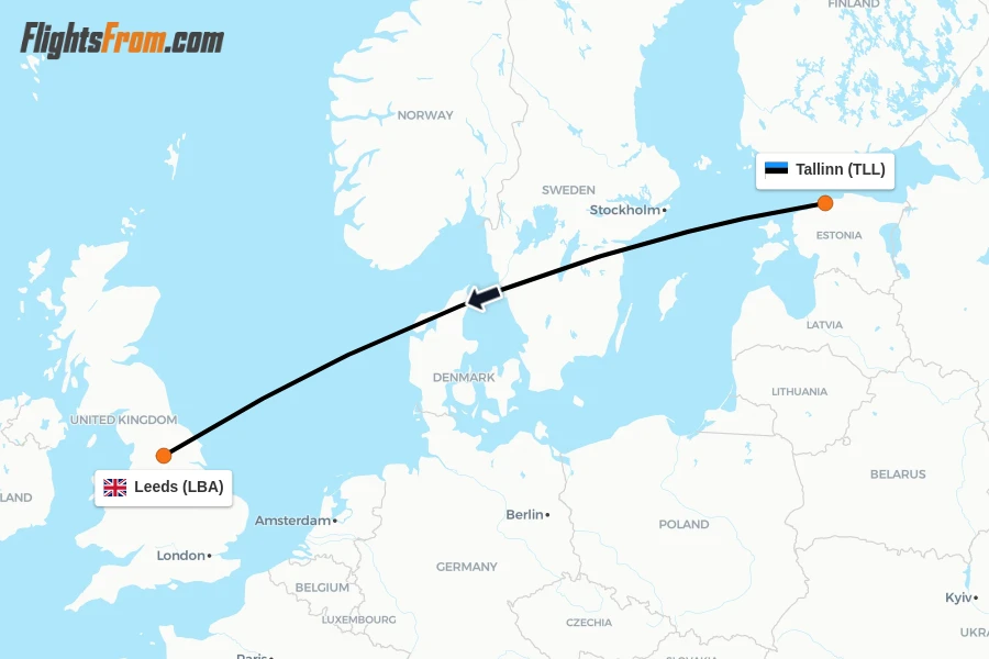Flights from Tallinn to Leeds route map