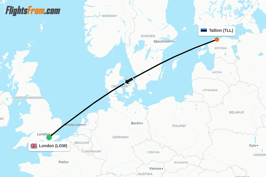 Flights from Tallinn to London route map