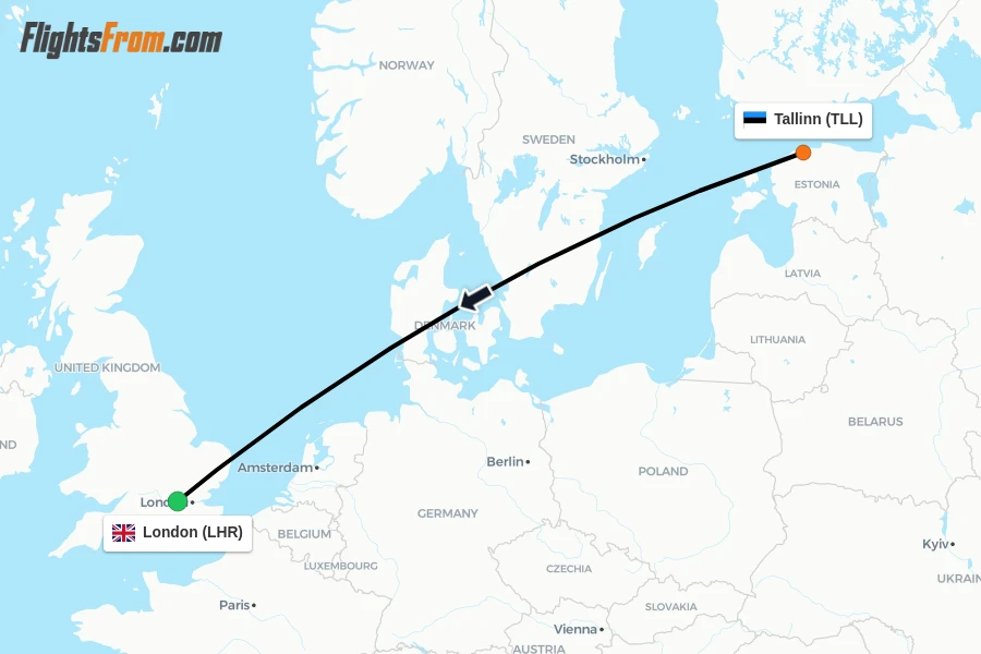 Flights from Tallinn to London route map