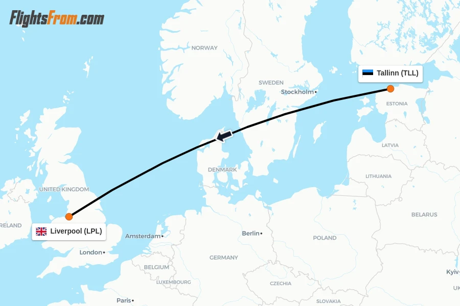 Flights from Tallinn to Liverpool route map