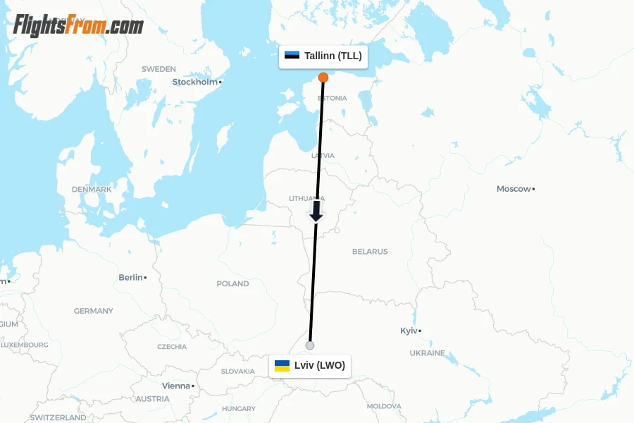 Flights from Tallinn to Lviv route map