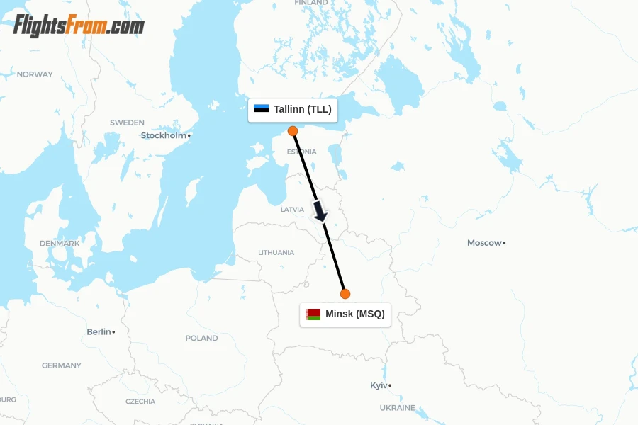 Flights from Tallinn to Minsk route map