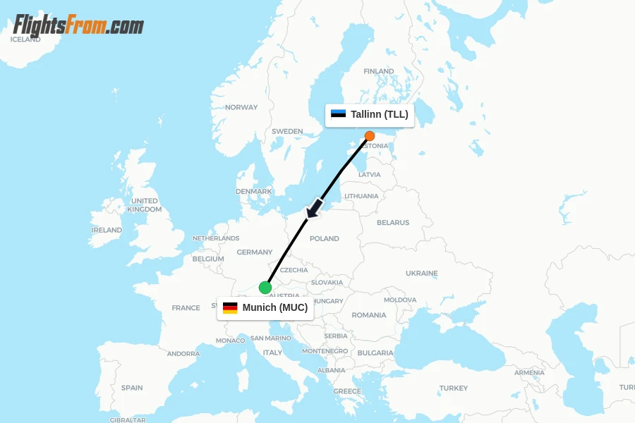 Flights from Tallinn to Munich route map