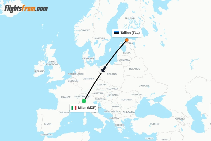 Flights from Tallinn to Milan route map
