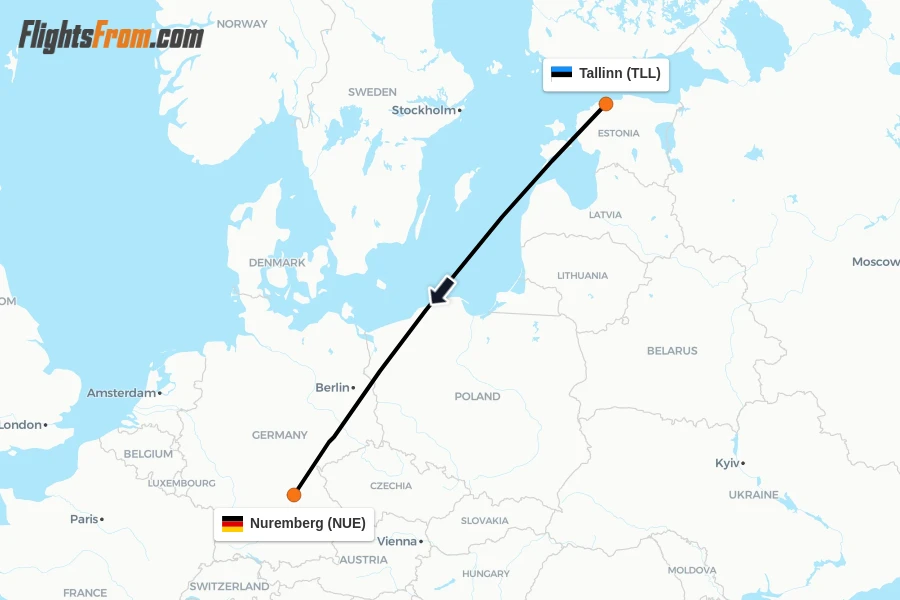 Flights from Tallinn to Nuremberg route map