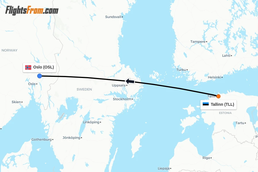 Flights from Tallinn to Oslo route map