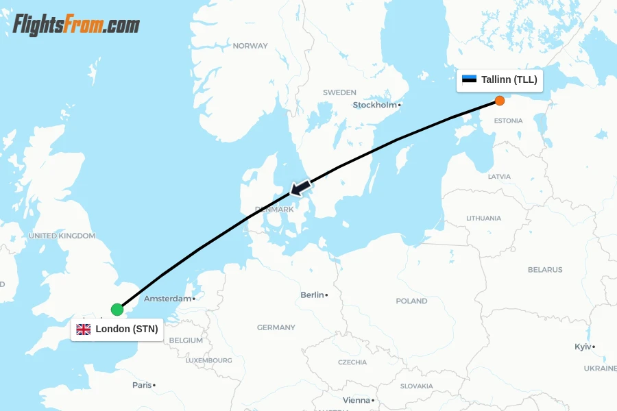 Flights from Tallinn to London route map