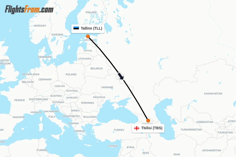 Flights from Tallinn to Tbilisi route map