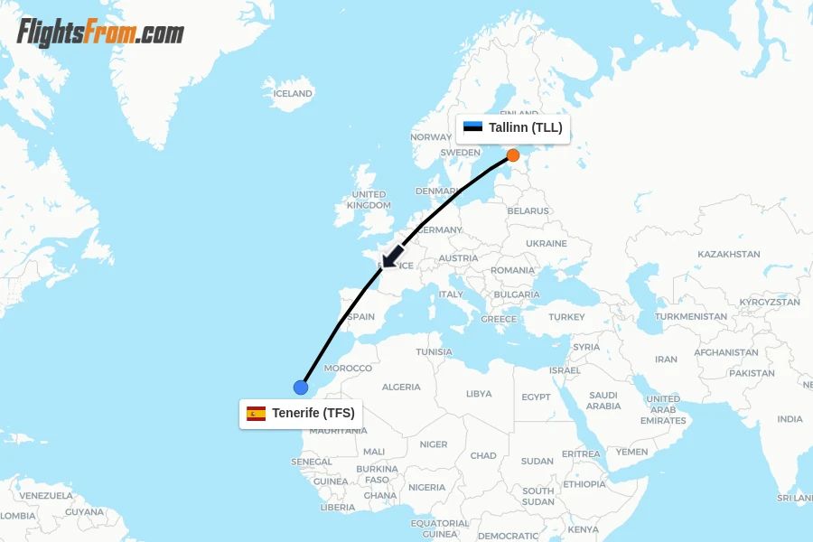 Flights from Tallinn to Tenerife route map