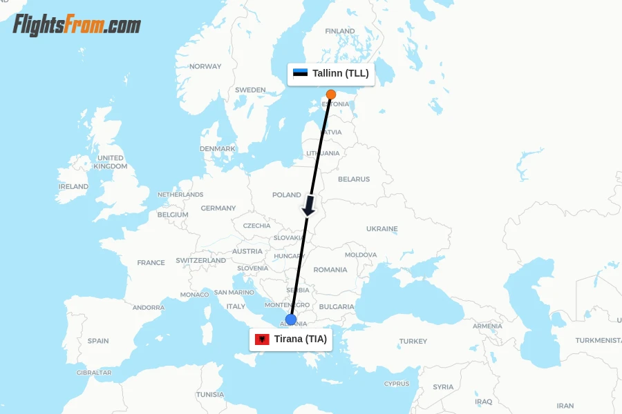 Flights from Tallinn to Tirana route map