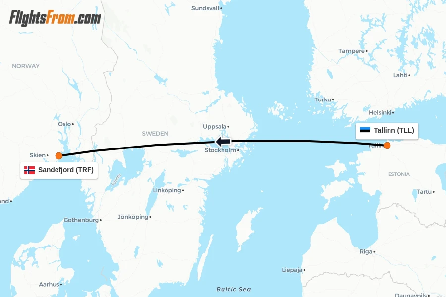 Flights from Tallinn to Sandefjord route map