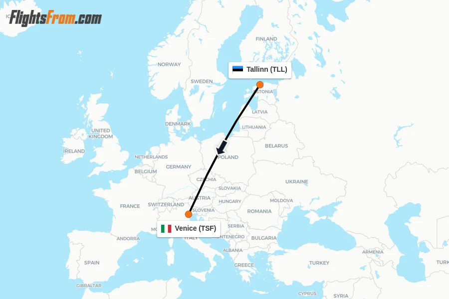Flights from Tallinn to Venice route map