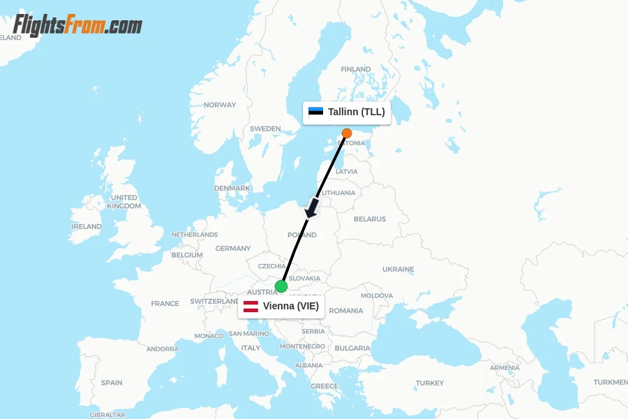 Flights from Tallinn to Vienna route map