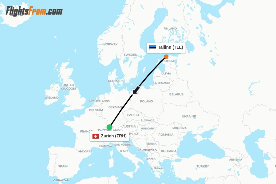 Flights from Tallinn to Zurich route map