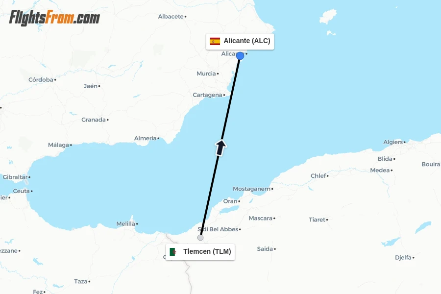 Flights from Tlemcen to Alicante route map