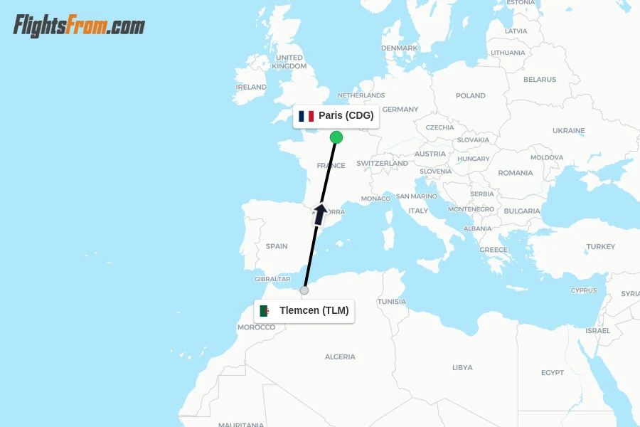 Flights from Tlemcen to Paris route map