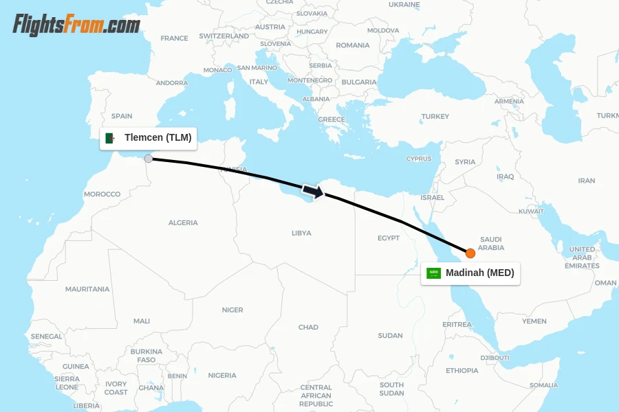 Flights from Tlemcen to Madinah route map