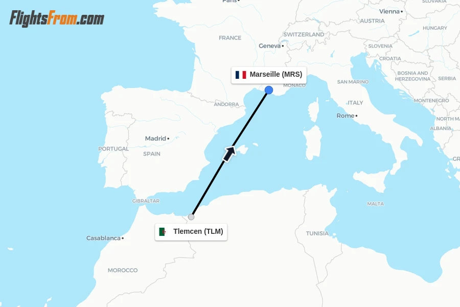 Flights from Tlemcen to Marseille route map