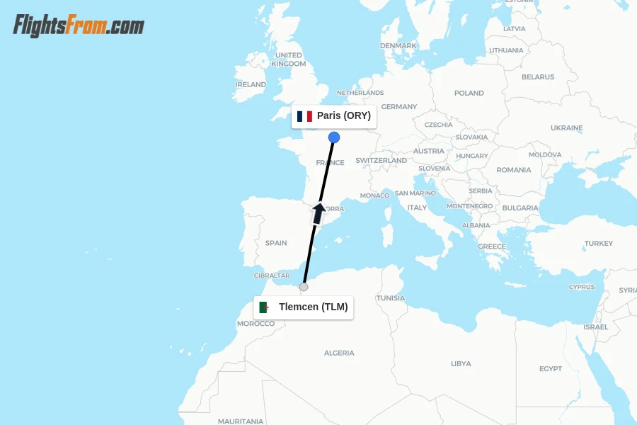 Flights from Tlemcen to Paris route map