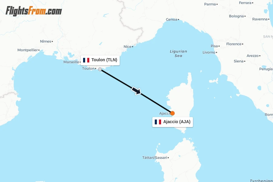 Flights from Toulon to Ajaccio route map