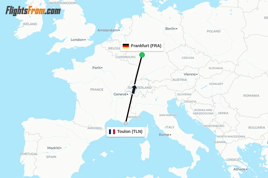 Flights from Toulon to Frankfurt route map