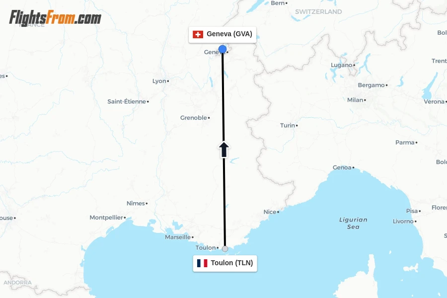 Flights from Toulon to Geneva route map