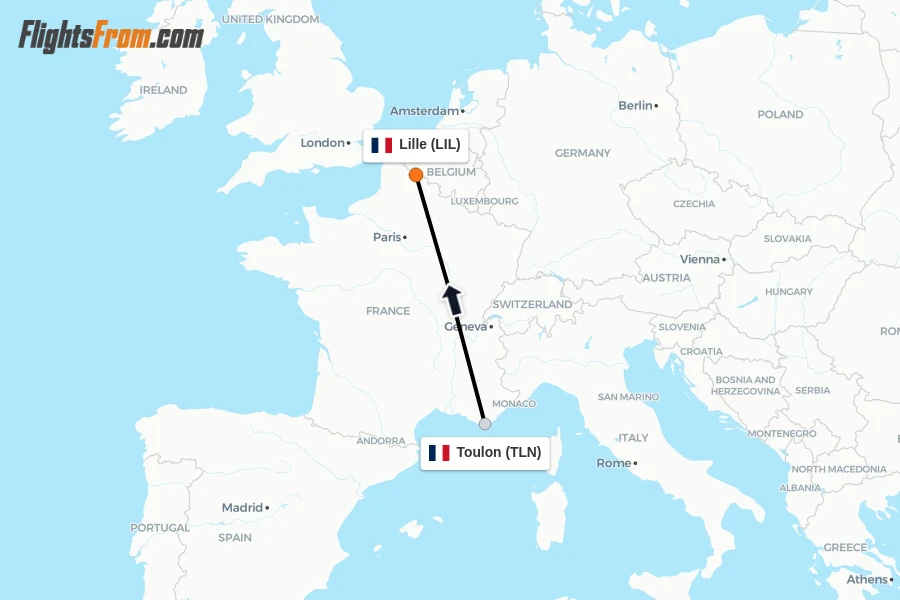 Flights from Toulon to Lille route map
