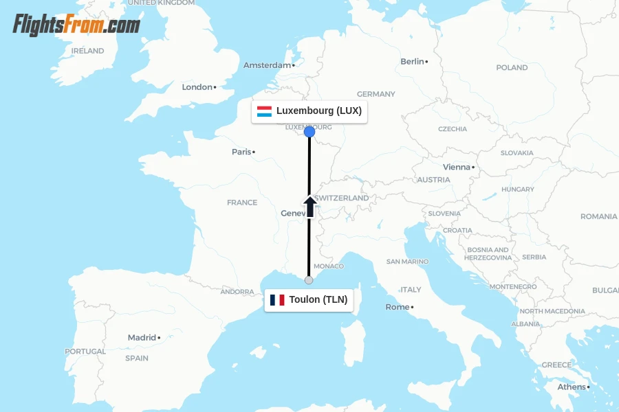 Flights from Toulon to Luxembourg route map