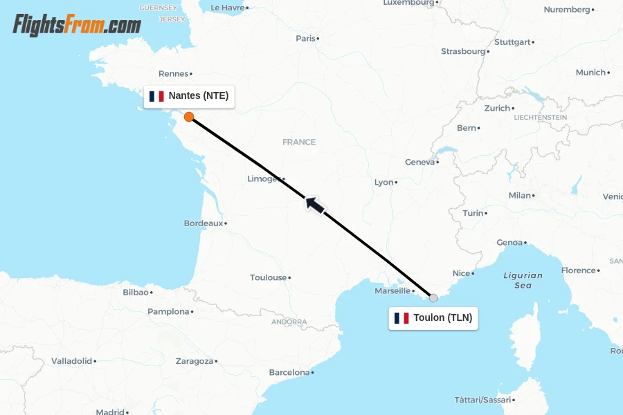 Flights from Toulon to Nantes route map
