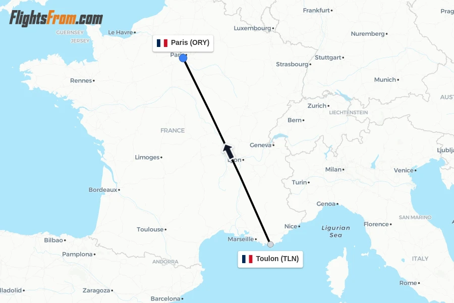 Flights from Toulon to Paris route map