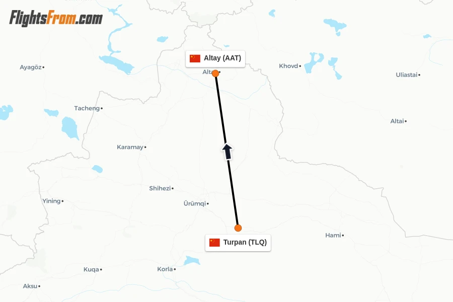 Flights from Turpan to Altay route map