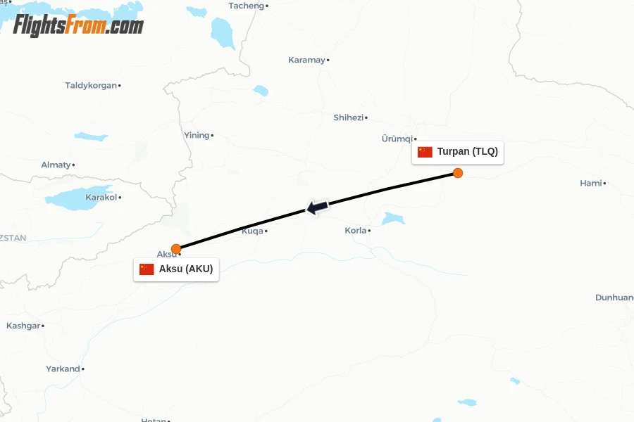 Flights from Turpan to Aksu route map