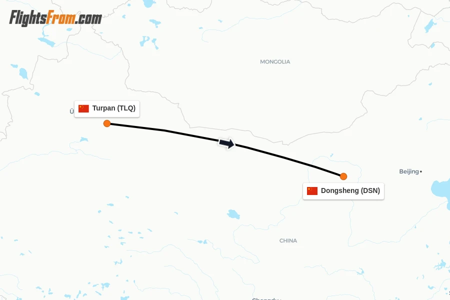 Flights from Turpan to Dongsheng route map