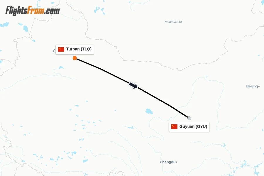 Flights from Turpan to Guyuan route map