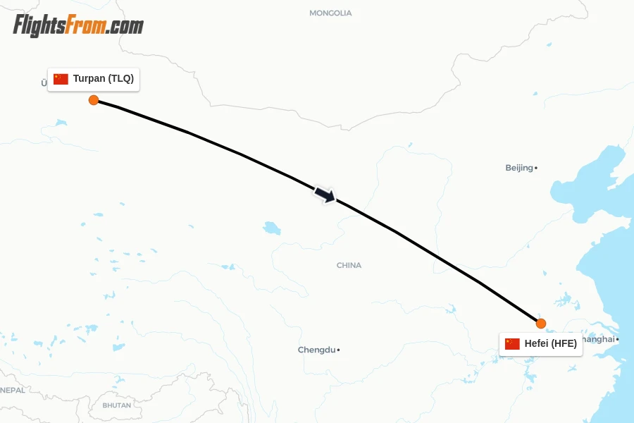 Flights from Turpan to Hefei route map