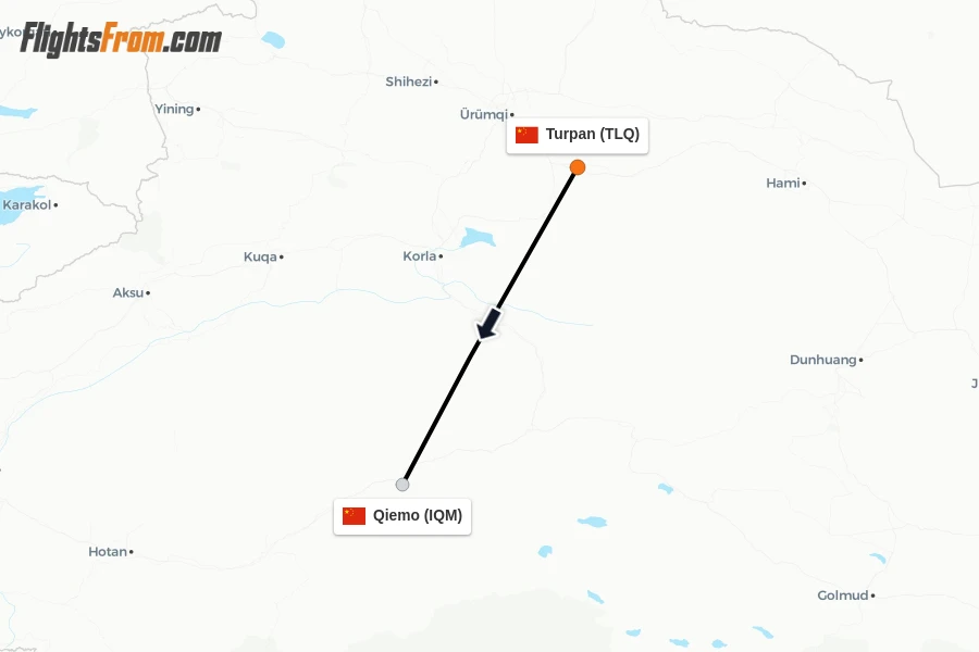 Flights from Turpan to Qiemo route map