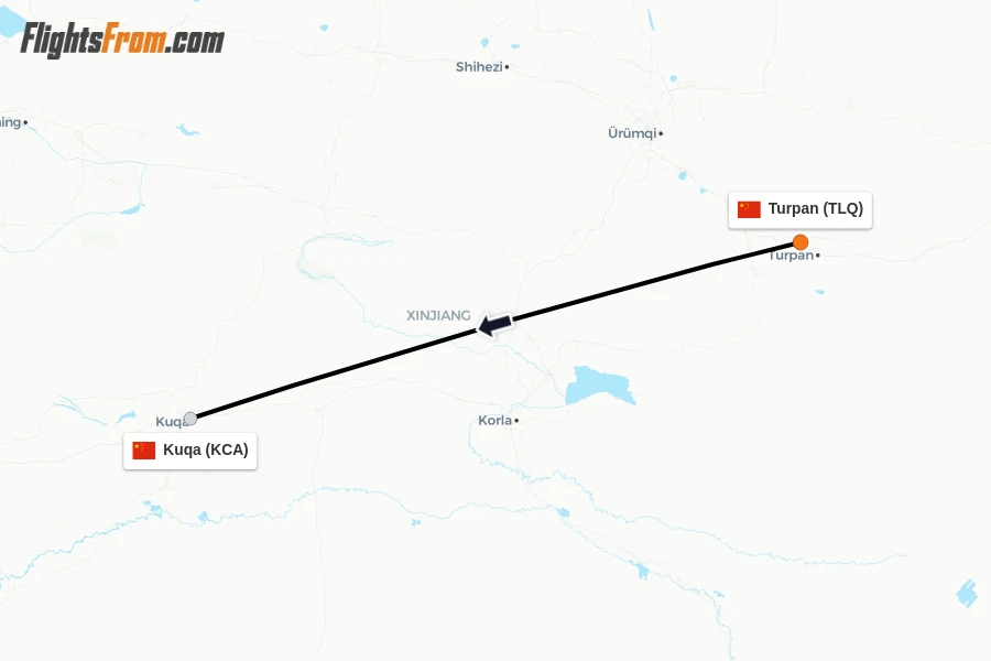 Flights from Turpan to Kuqa route map