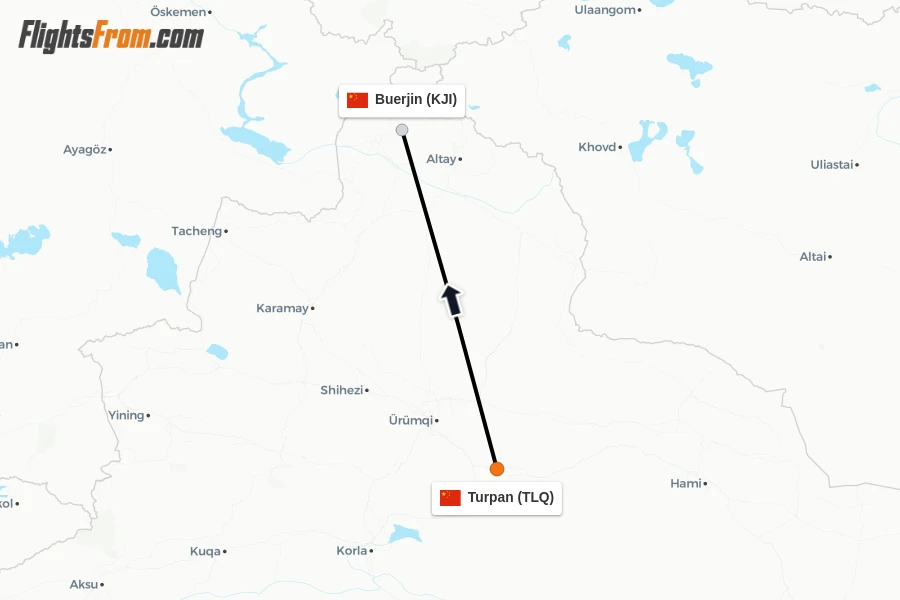 Flights from Turpan to Buerjin route map