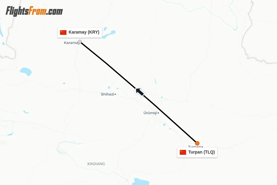 Flights from Turpan to Karamay route map