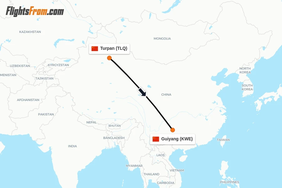Flights from Turpan to Guiyang route map