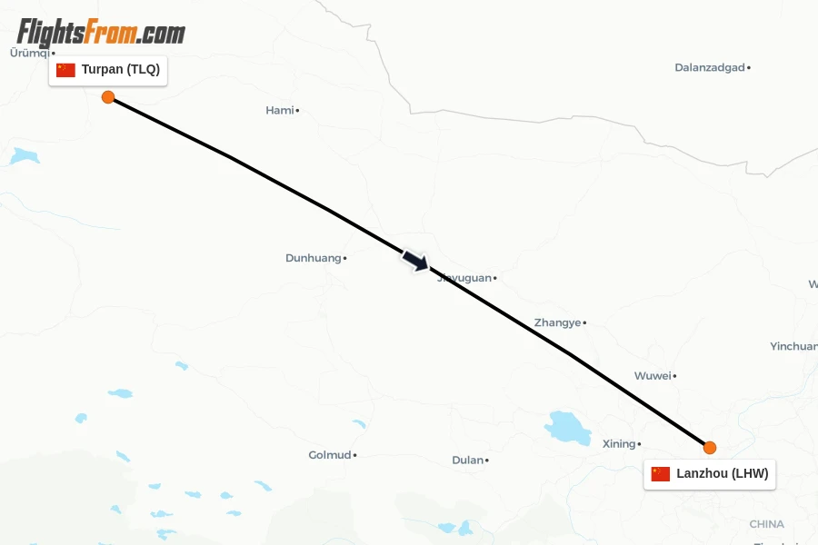 Flights from Turpan to Lanzhou route map