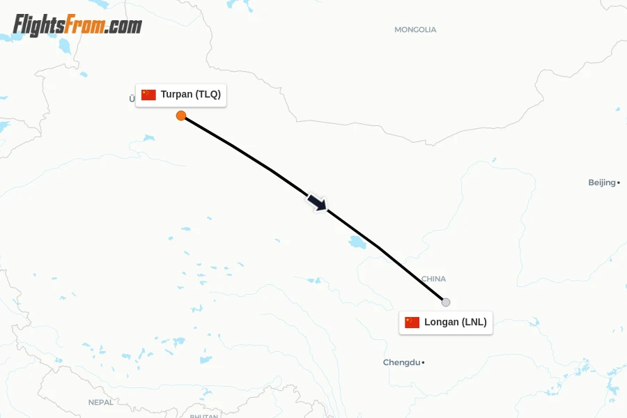 Flights from Turpan to Longan route map