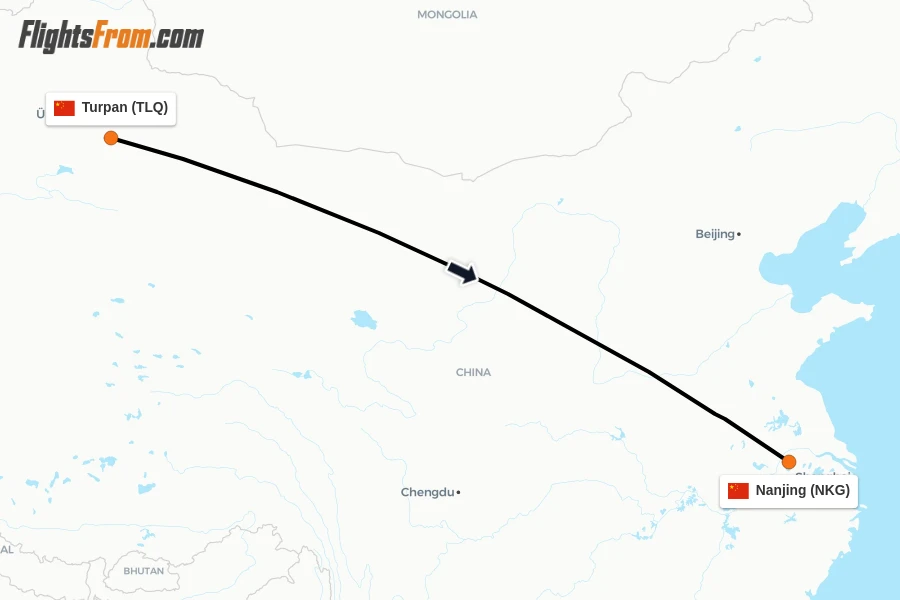 Flights from Turpan to Nanjing route map