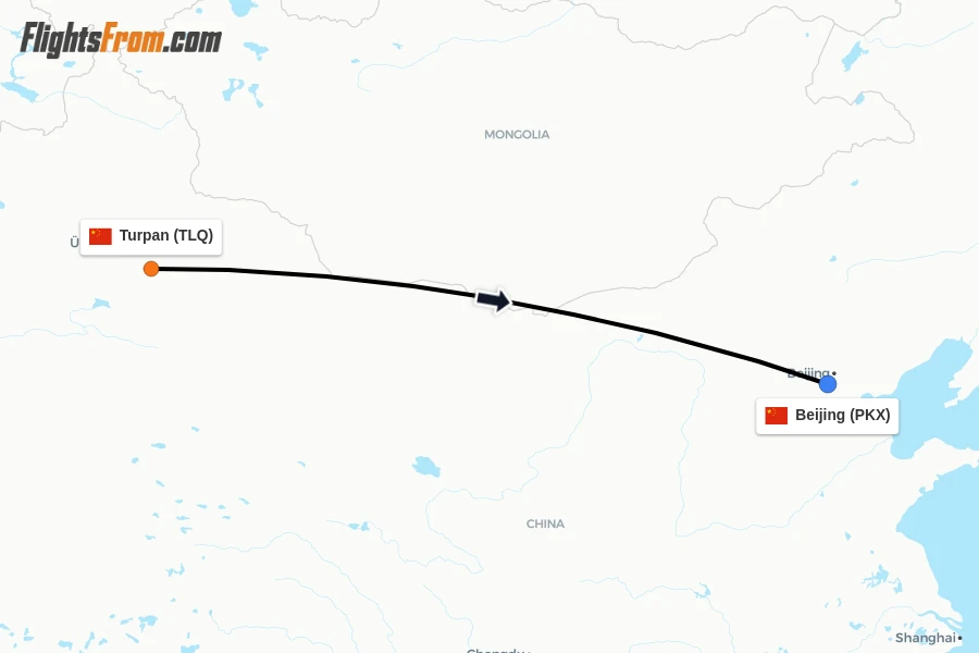 Flights from Turpan to Beijing route map