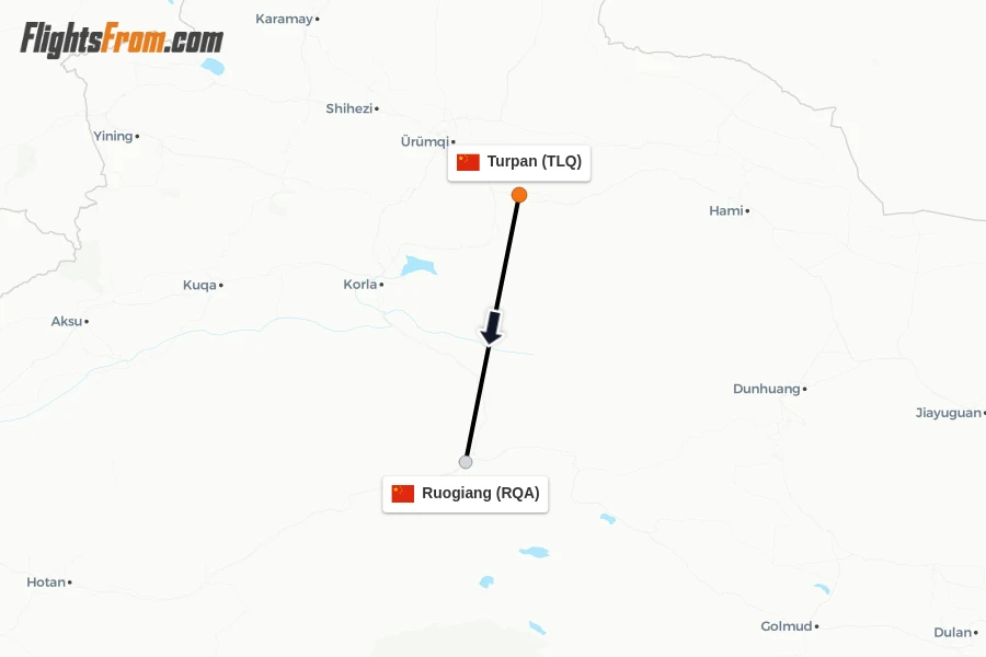 Flights from Turpan to Ruogiang route map