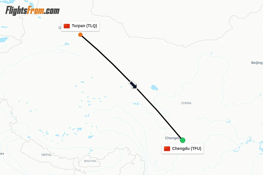 Flights from Turpan to Chengdu route map