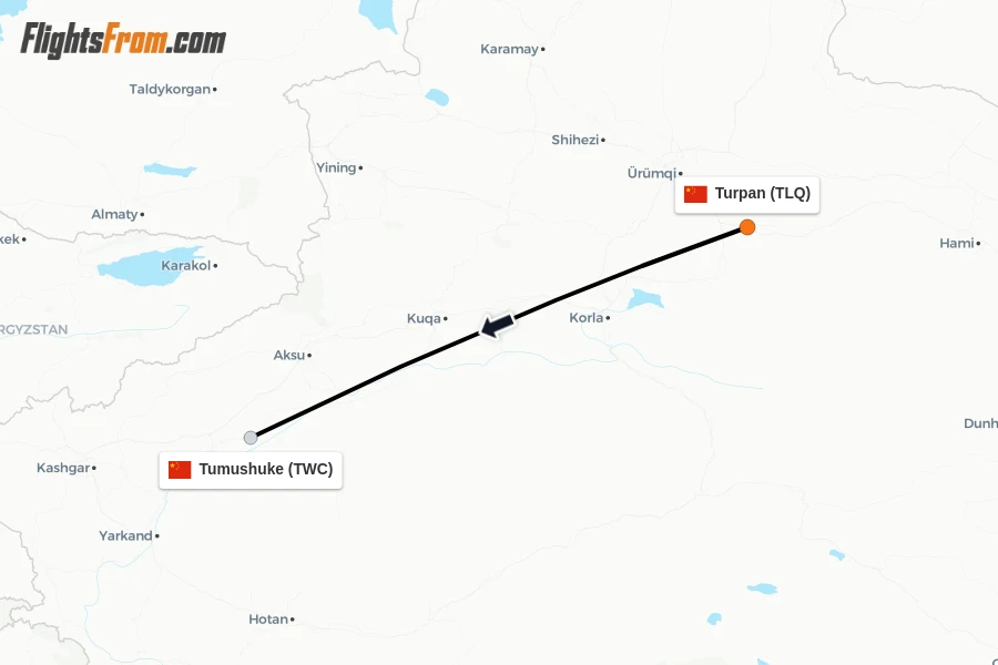 Flights from Turpan to Tumushuke route map