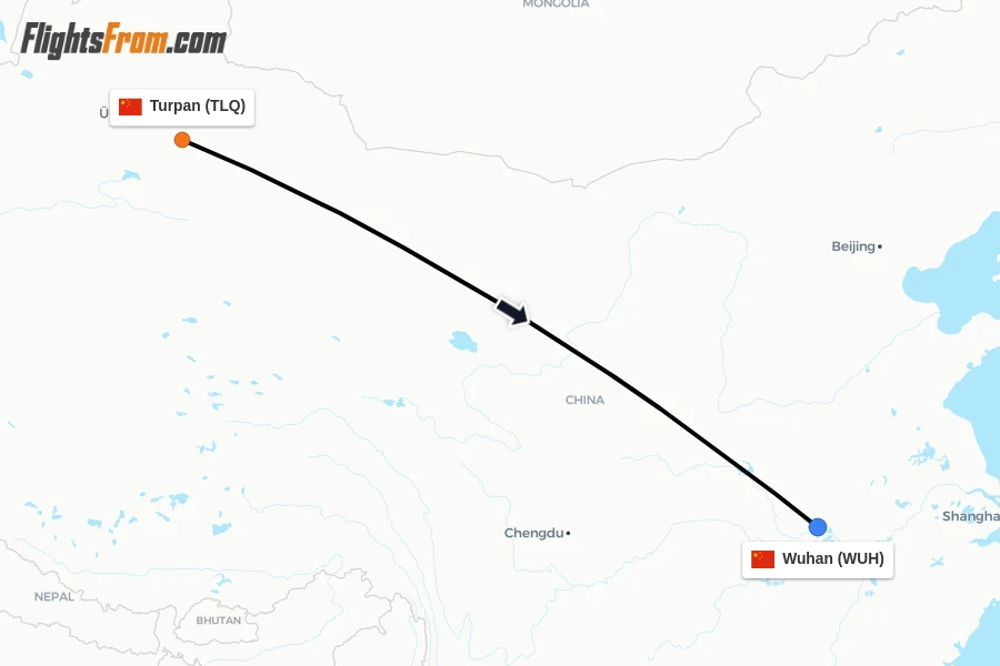 Flights from Turpan to Wuhan route map