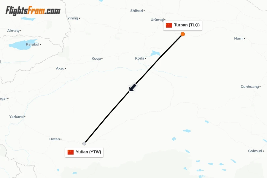 Flights from Turpan to Yutian route map
