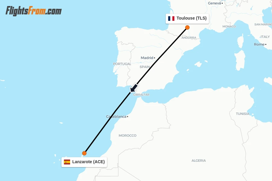 Flights from Toulouse to Lanzarote route map